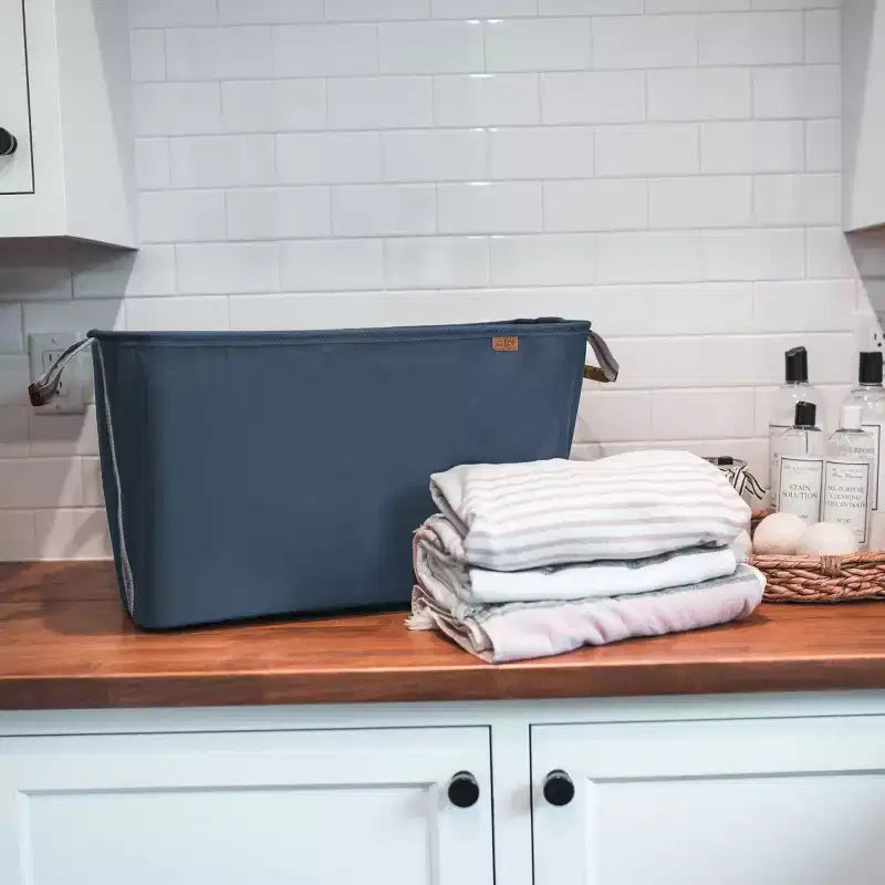 CleverMade Collapsible 2pk Laundry Basket LUXE 300D Navy Noir/Cream