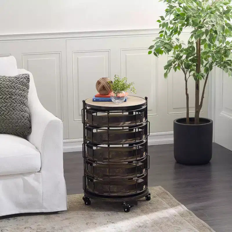 Farmhouse Metal Storage Cart Brown - Olivia & May: Utility Rolling Cart with 5 Drawers & 6 Shelves, Iron Construction