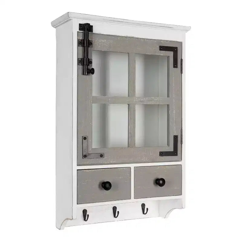 Hutchins Decorative Farmhouse Wood Wall Cabinet White/Gray - Kate & Laurel All Things Decor: Entryway Storage with Hooks