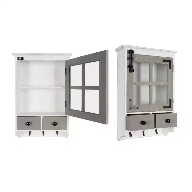 Hutchins Decorative Farmhouse Wood Wall Cabinet White/Gray - Kate & Laurel All Things Decor: Entryway Storage with Hooks
