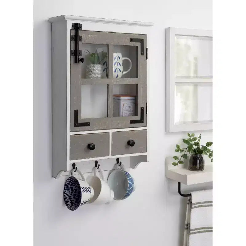 Hutchins Decorative Farmhouse Wood Wall Cabinet White/Gray - Kate & Laurel All Things Decor: Entryway Storage with Hooks