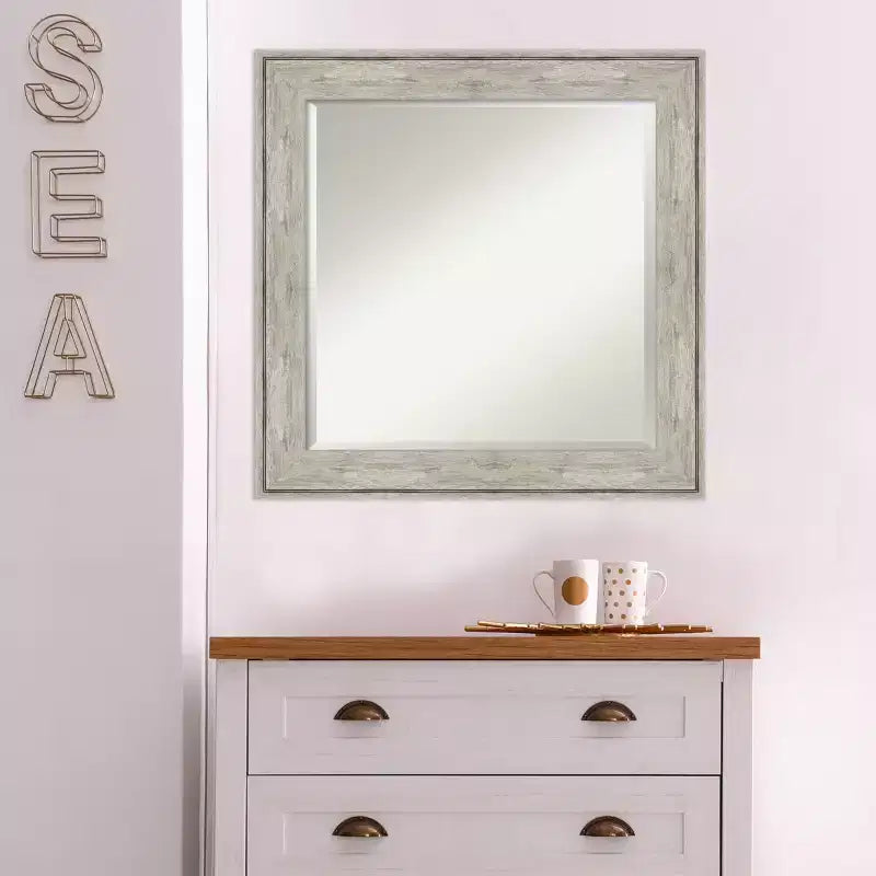 25" x 25" Crackled Metallic Framed Wall Mirror Silver - Amanti Art: Modern Square Beveled, No Assembly Required