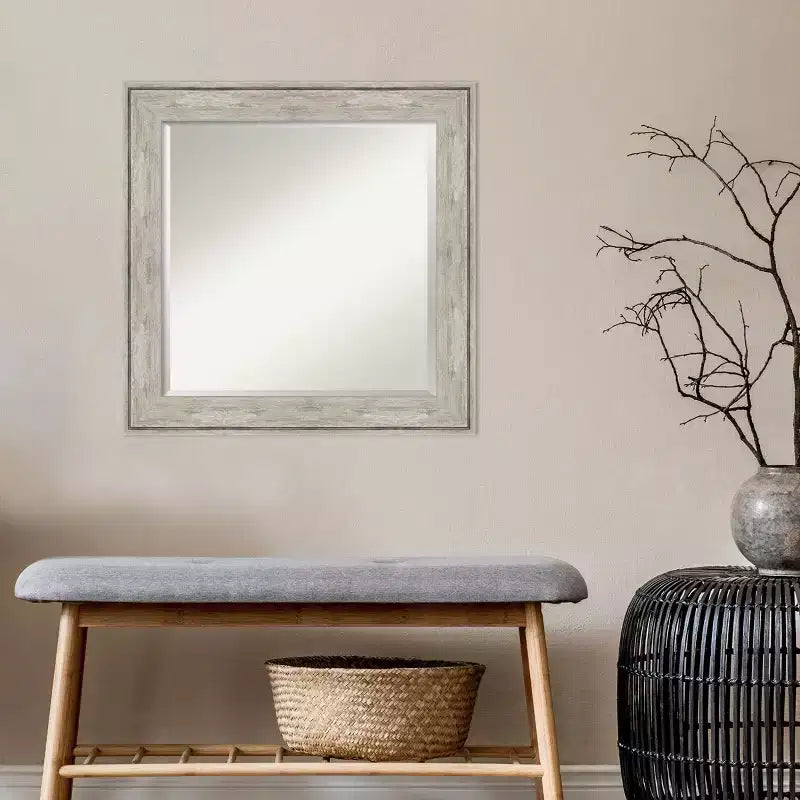 25" x 25" Crackled Metallic Framed Wall Mirror Silver - Amanti Art: Modern Square Beveled, No Assembly Required
