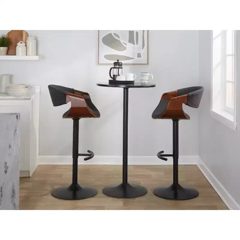 LumiSource Set of 2 Curvo Adjustable Barstools Walnut Wood/Charcoal Fabric/Black Metal