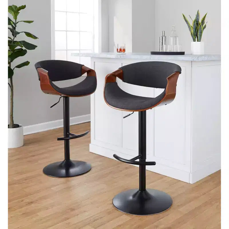 LumiSource Set of 2 Curvo Adjustable Barstools Walnut Wood/Charcoal Fabric/Black Metal
