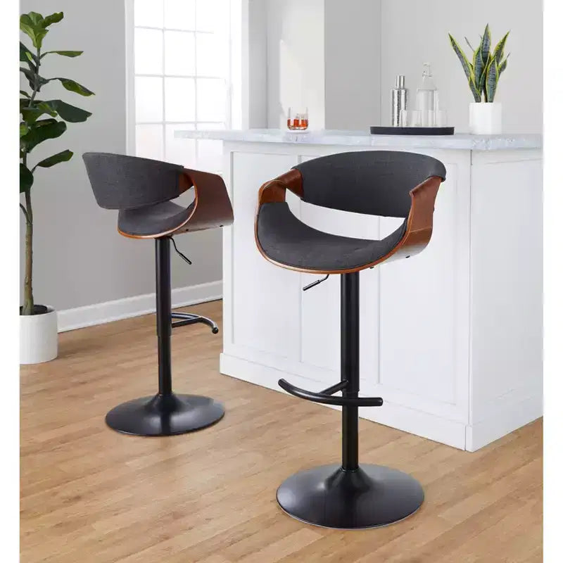 LumiSource Set of 2 Curvo Adjustable Barstools Walnut Wood/Charcoal Fabric/Black Metal