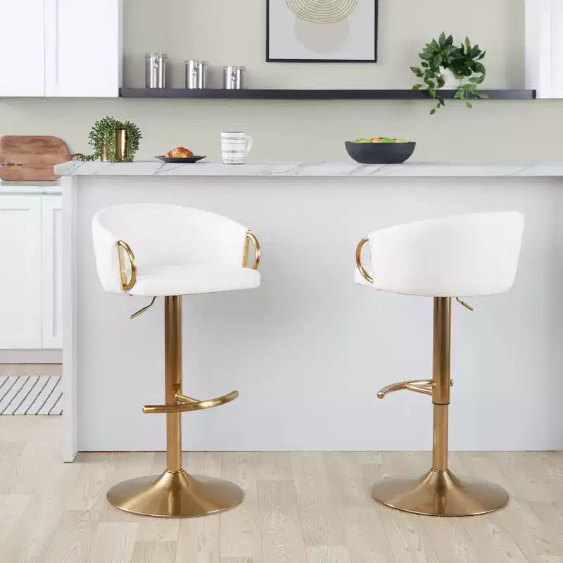 LumiSource Set of 2 Claire Adjustable Barstools Gold/White PU
