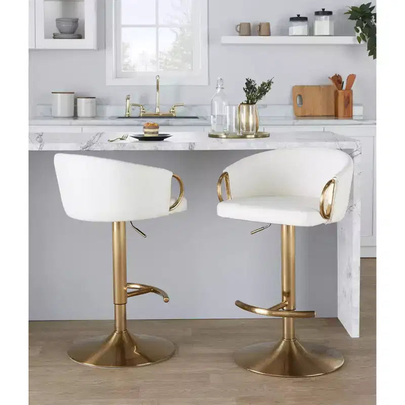 LumiSource Set of 2 Claire Adjustable Barstools Gold/White PU