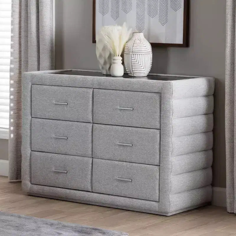 Baxton Studio Cadmus Channel Tufted Fabric 4 Drawer Dresser Light Gray
