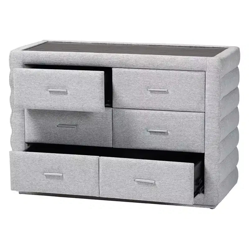 Baxton Studio Cadmus Channel Tufted Fabric 4 Drawer Dresser Light Gray