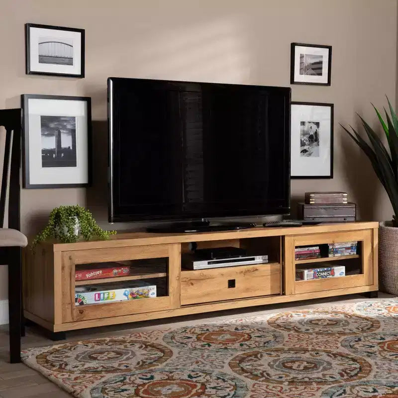Beasley Wood 1 Drawer TV Stand for TVs up to 65" Oak Brown/Black - Baxton Studio: Media Entertainment Center
