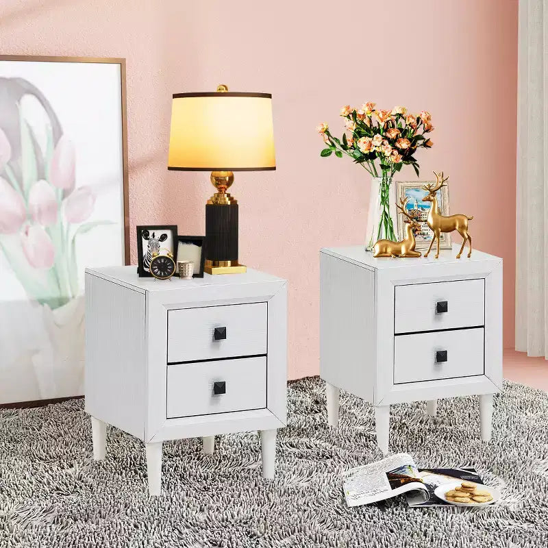 Costway Nightstand End Bedside Coffee Table Wooden Leg Storage Drawers White