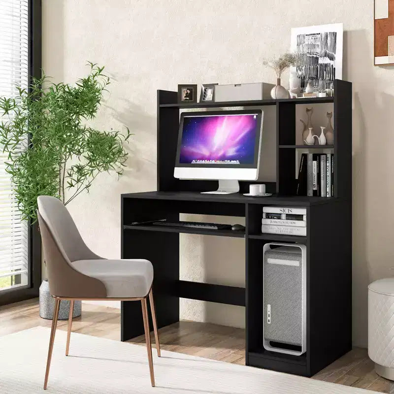 Costway Computer Desk Study Bookcase Workstation with Charging Station Hutch & CPU Stand