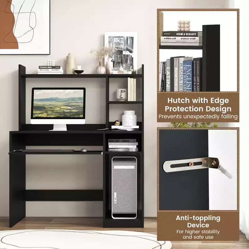 Costway Computer Desk Study Bookcase Workstation with Charging Station Hutch & CPU Stand