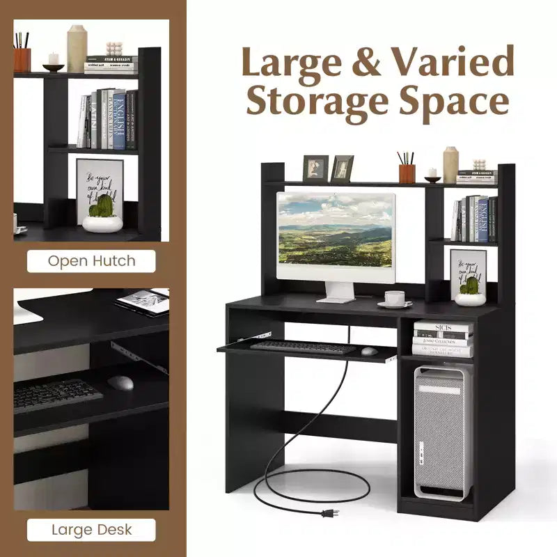 Costway Computer Desk Study Bookcase Workstation with Charging Station Hutch & CPU Stand