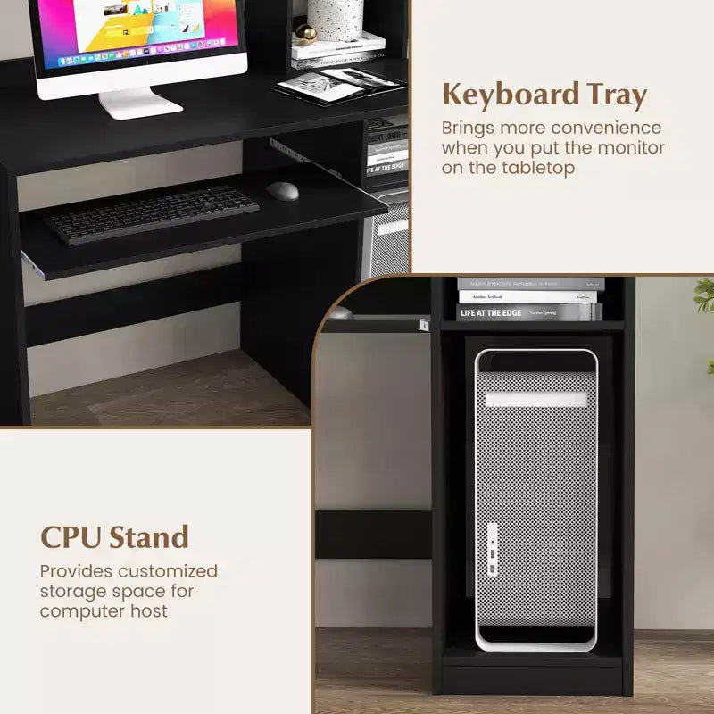 Costway Computer Desk Study Bookcase Workstation with Charging Station Hutch & CPU Stand