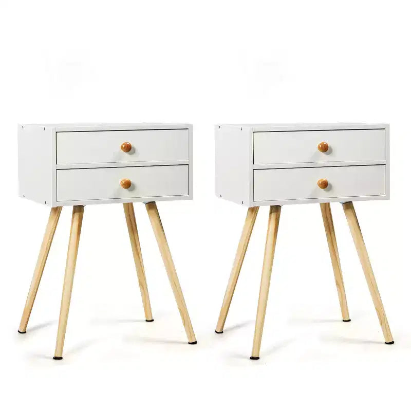 Costway 2PCS Mid Century Modern 2 Drawers Nightstand Sofa Side End Table White