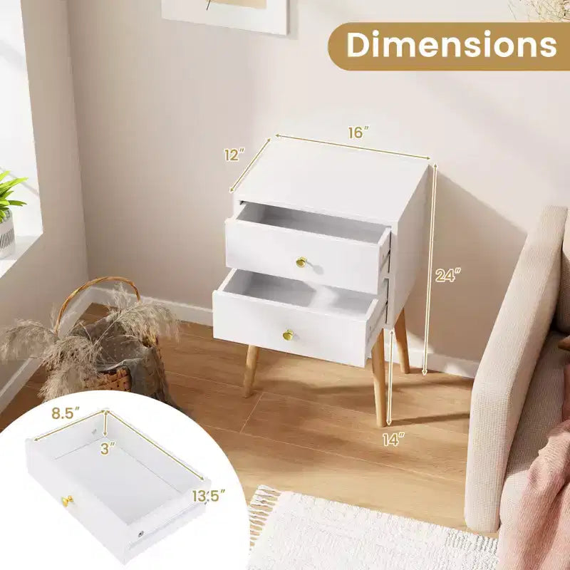 Costway 2PCS Mid Century Modern 2 Drawers Nightstand Sofa Side End Table White