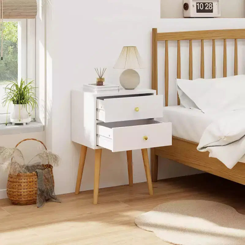 Costway 2PCS Mid Century Modern 2 Drawers Nightstand Sofa Side End Table White
