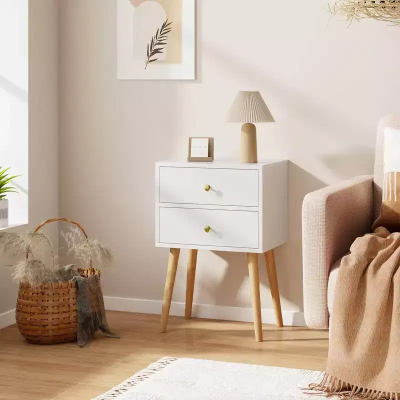 Costway 2PCS Mid Century Modern 2 Drawers Nightstand Sofa Side End Table White