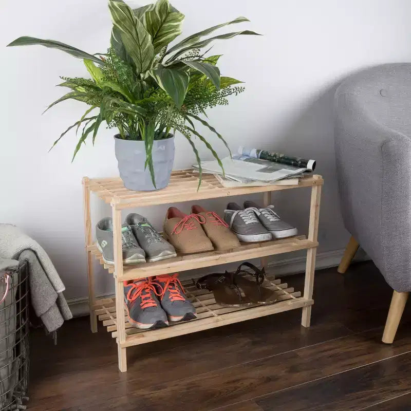 Hastings Home 3-Tier Wooden Shoe Rack - Organizes Up to 9-Pairs - Light Woodgrain