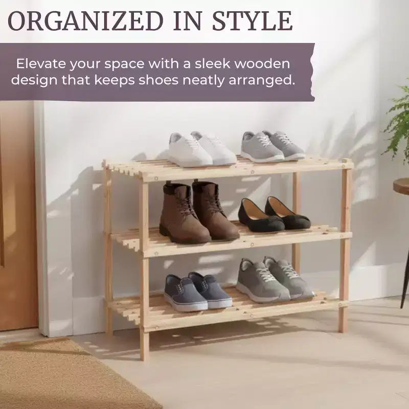 Hastings Home 3-Tier Wooden Shoe Rack - Organizes Up to 9-Pairs - Light Woodgrain