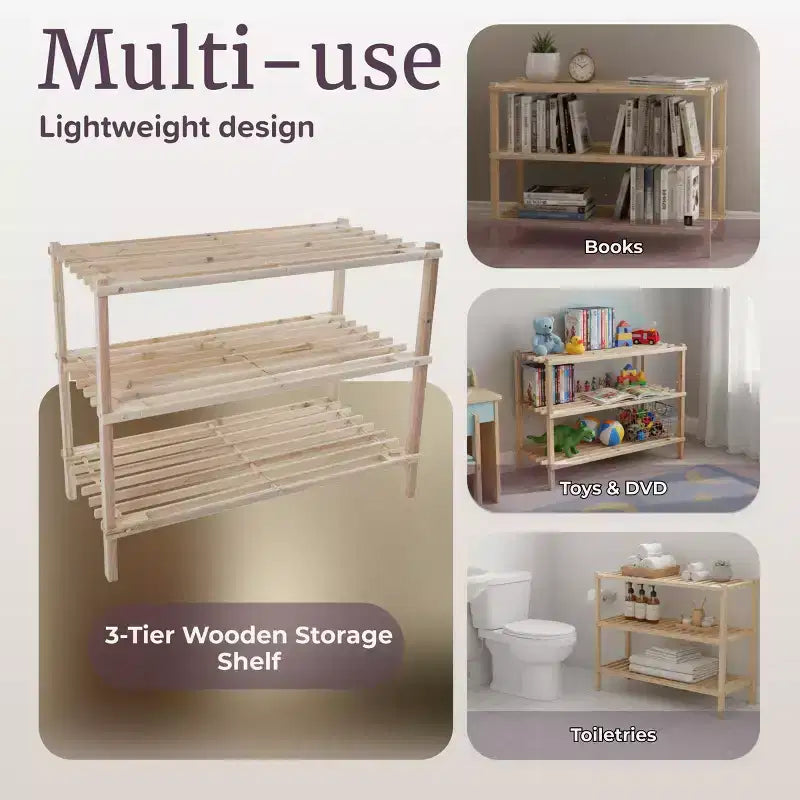 Hastings Home 3-Tier Wooden Shoe Rack - Organizes Up to 9-Pairs - Light Woodgrain