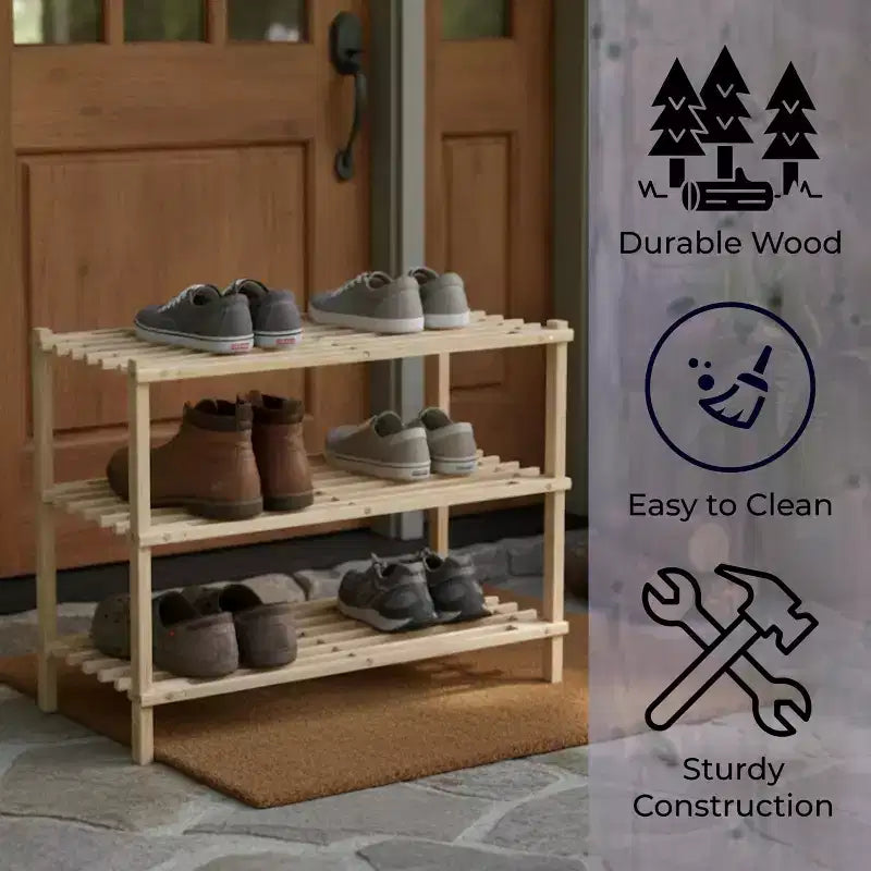 Hastings Home 3-Tier Wooden Shoe Rack - Organizes Up to 9-Pairs - Light Woodgrain