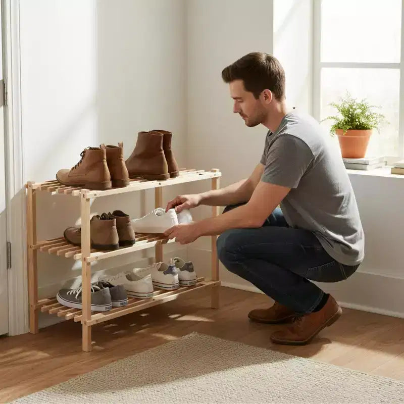 Hastings Home 3-Tier Wooden Shoe Rack - Organizes Up to 9-Pairs - Light Woodgrain