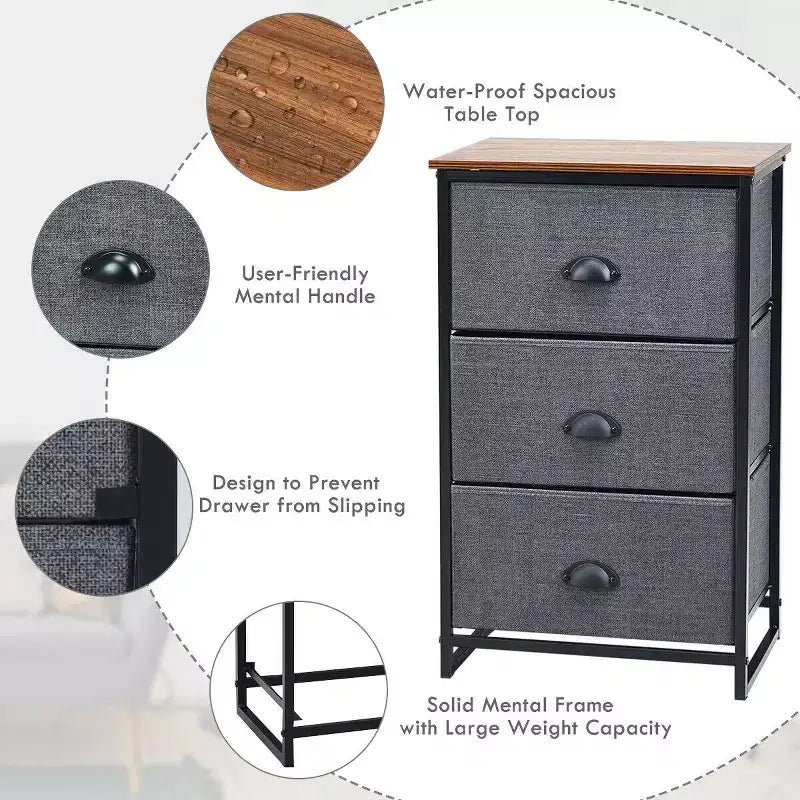 Costway 3 Drawer Nightstand Side Table Storage Tower Dresser Chest Home Office Furniture