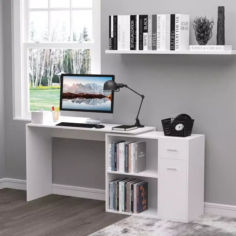 HOMCOM L Shaped Corner Computer Desk Workstation with Rotating Storage Shelves and Drawer for Home & Office