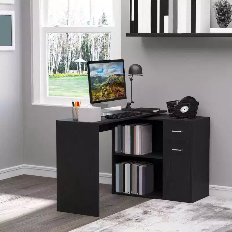 HOMCOM L Shaped Corner Computer Desk Workstation with Rotating Storage Shelves and Drawer for Home & Office