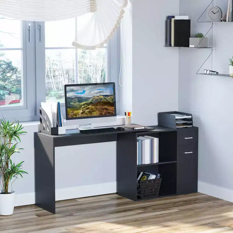HOMCOM L Shaped Corner Computer Desk Workstation with Rotating Storage Shelves and Drawer for Home & Office