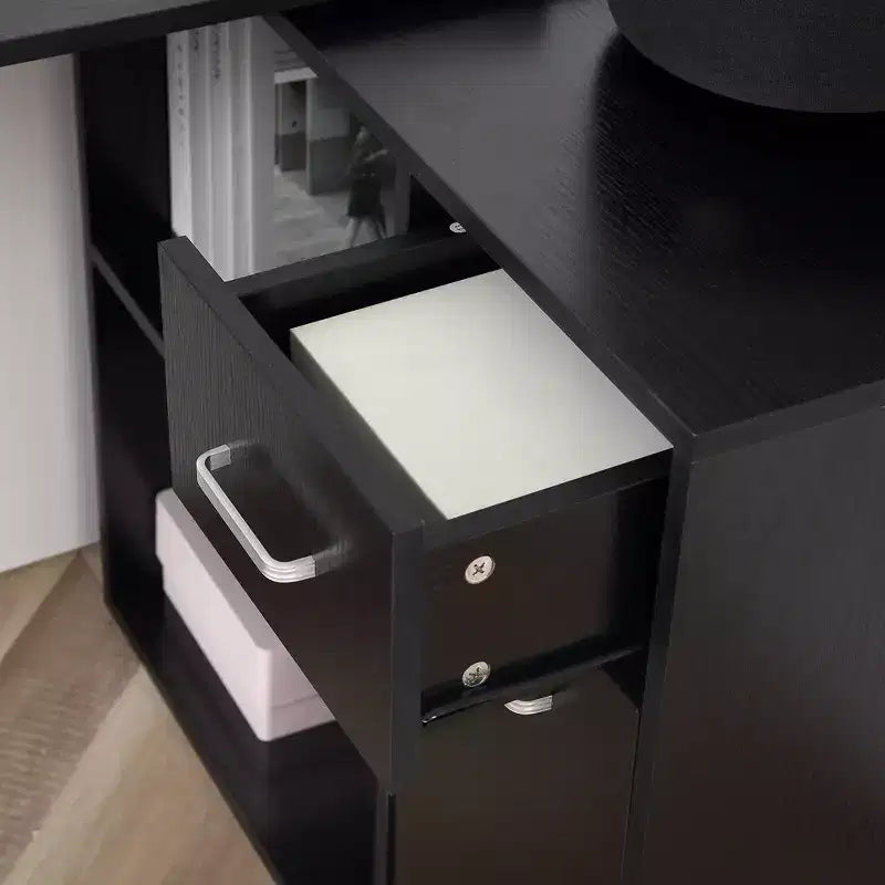 HOMCOM L Shaped Corner Computer Desk Workstation with Rotating Storage Shelves and Drawer for Home & Office