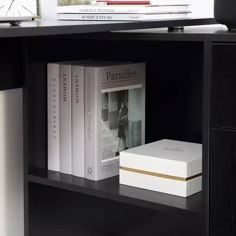 HOMCOM L Shaped Corner Computer Desk Workstation with Rotating Storage Shelves and Drawer for Home & Office