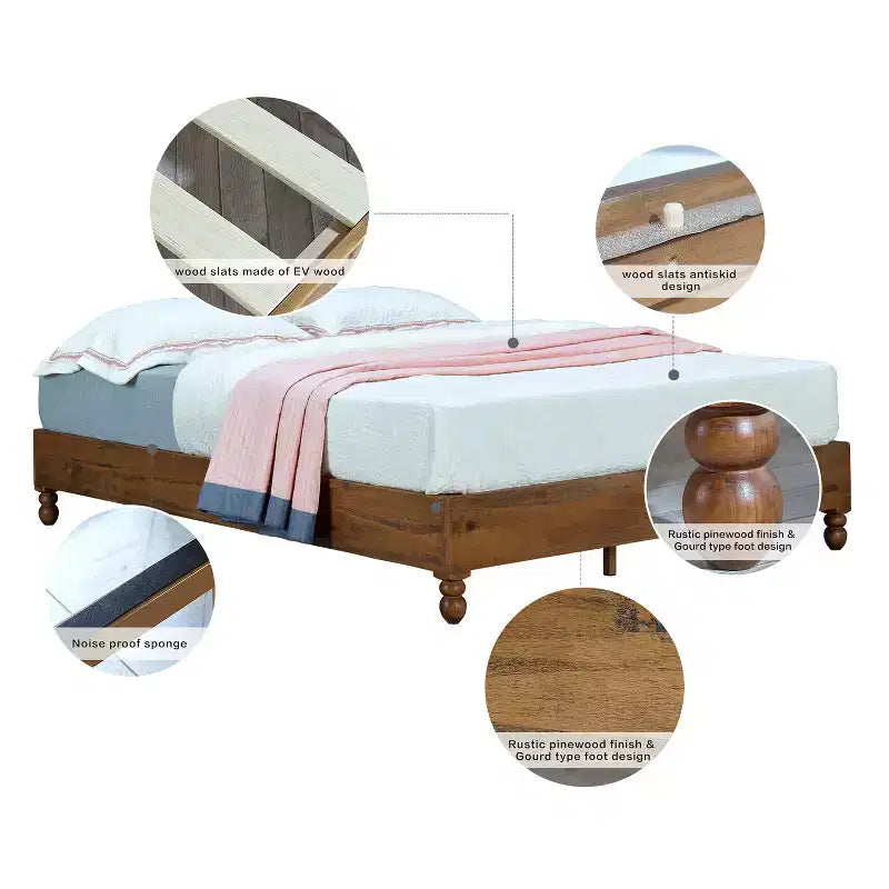 MUSEHOMEINC 12 Inch Solid Pine Wood Platform Bed Frame with Wooden Slats, Queen