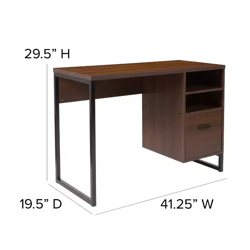 Merrick Lane Rustic Computer Desk with Shelving and Storage Drawer Metal Frame Pedestal Base Home Office Desk