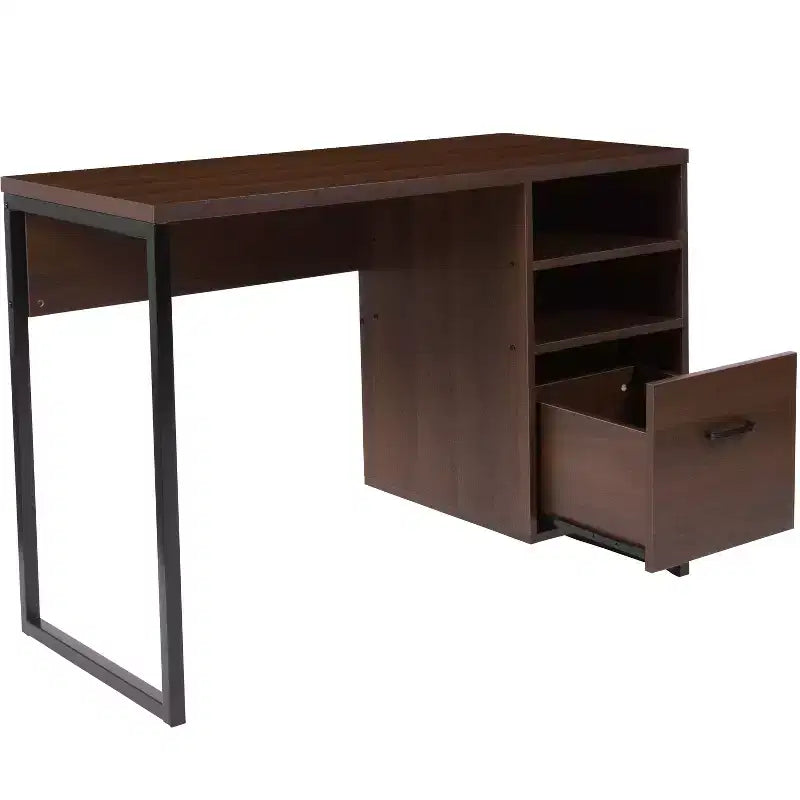 Merrick Lane Rustic Computer Desk with Shelving and Storage Drawer Metal Frame Pedestal Base Home Office Desk