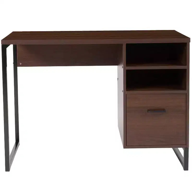 Merrick Lane Rustic Computer Desk with Shelving and Storage Drawer Metal Frame Pedestal Base Home Office Desk