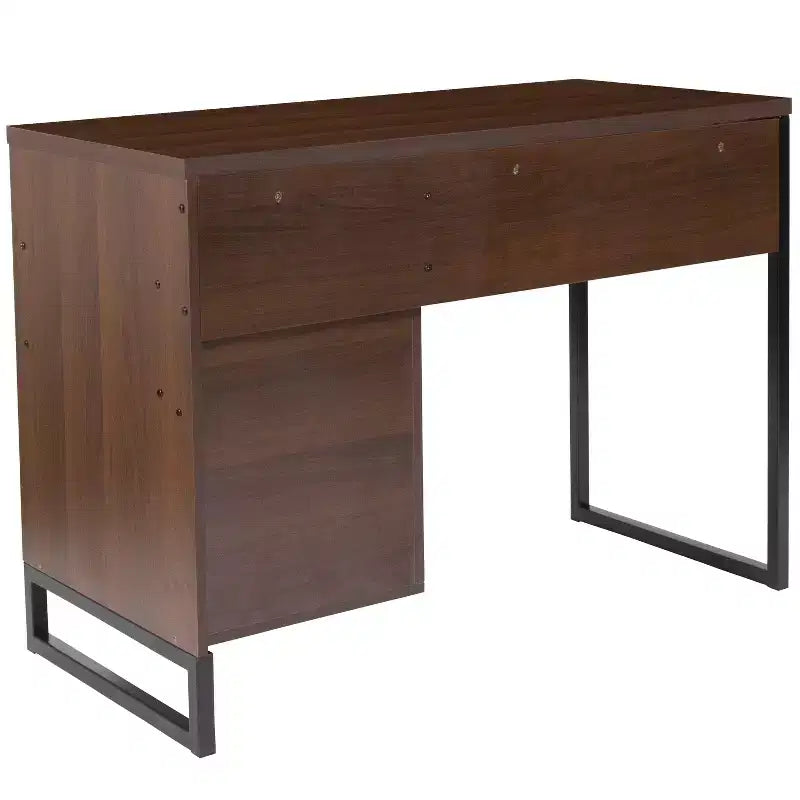 Merrick Lane Rustic Computer Desk with Shelving and Storage Drawer Metal Frame Pedestal Base Home Office Desk