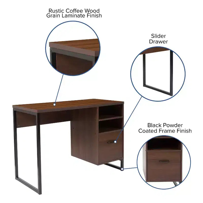 Merrick Lane Rustic Computer Desk with Shelving and Storage Drawer Metal Frame Pedestal Base Home Office Desk