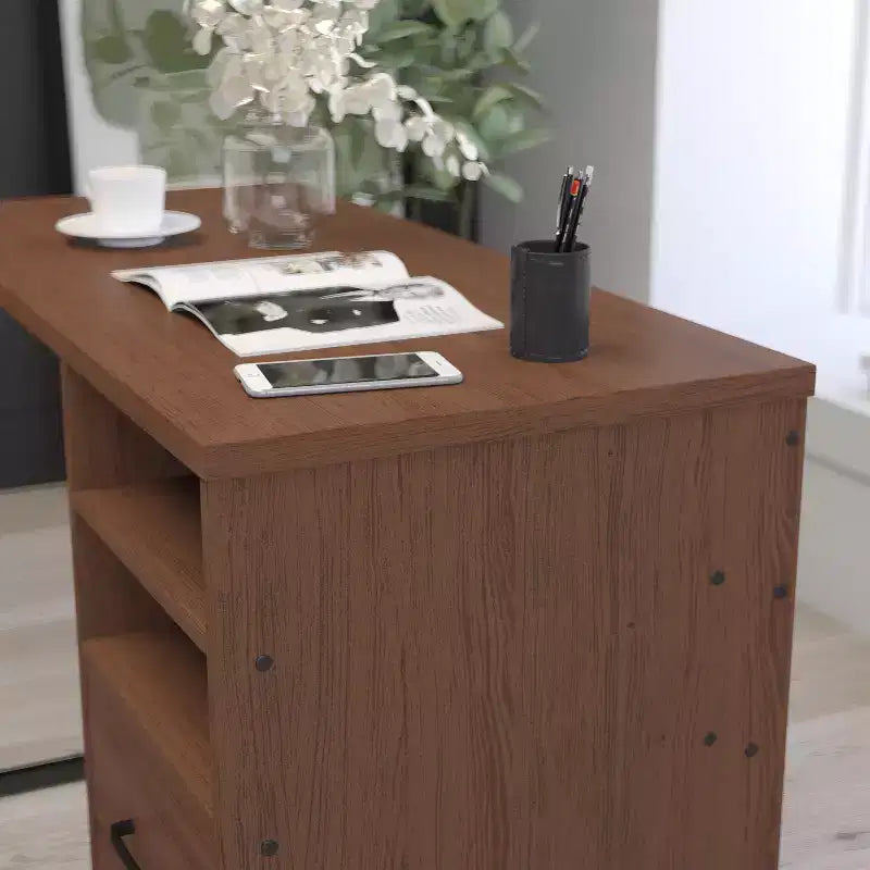 Merrick Lane Rustic Computer Desk with Shelving and Storage Drawer Metal Frame Pedestal Base Home Office Desk