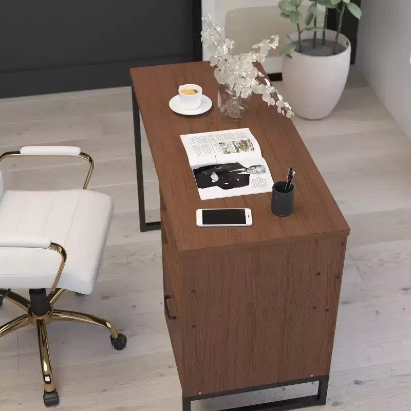 Merrick Lane Rustic Computer Desk with Shelving and Storage Drawer Metal Frame Pedestal Base Home Office Desk