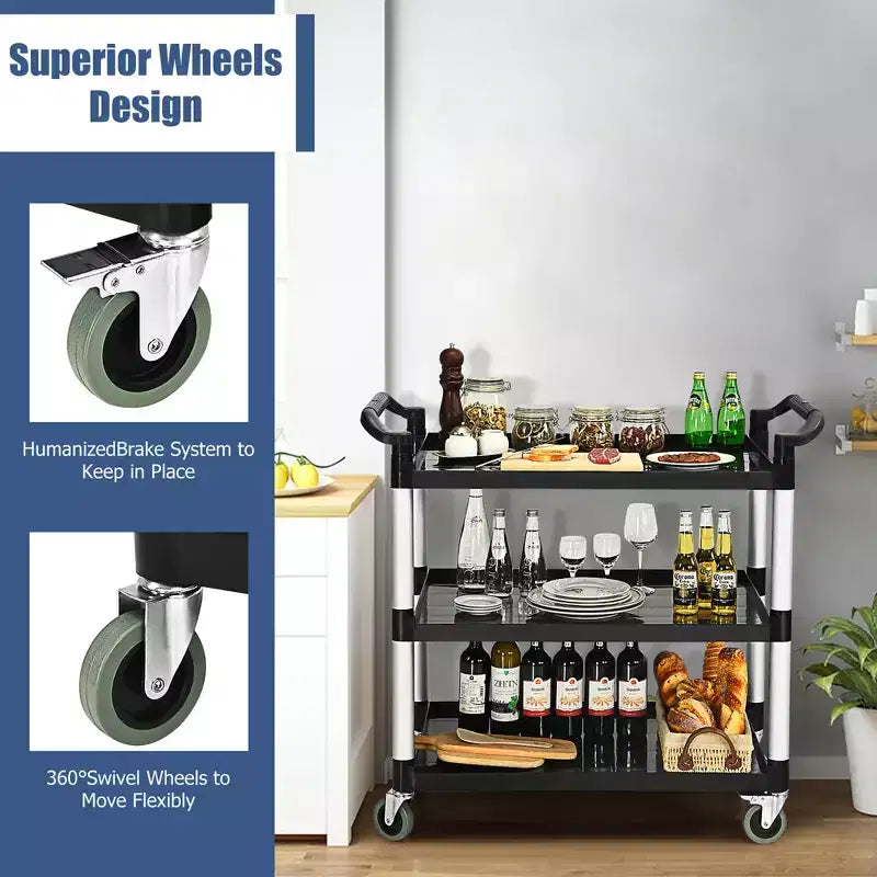 Costway 3-Shelf Utility Service Cart Aluminum Frame 490lbs Capacity w/ Casters