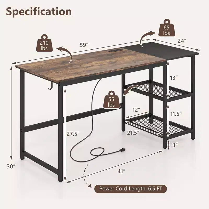 Costway 59'' Home Office Computer Desk Study Laptop Table Detachable Shelf Rustic