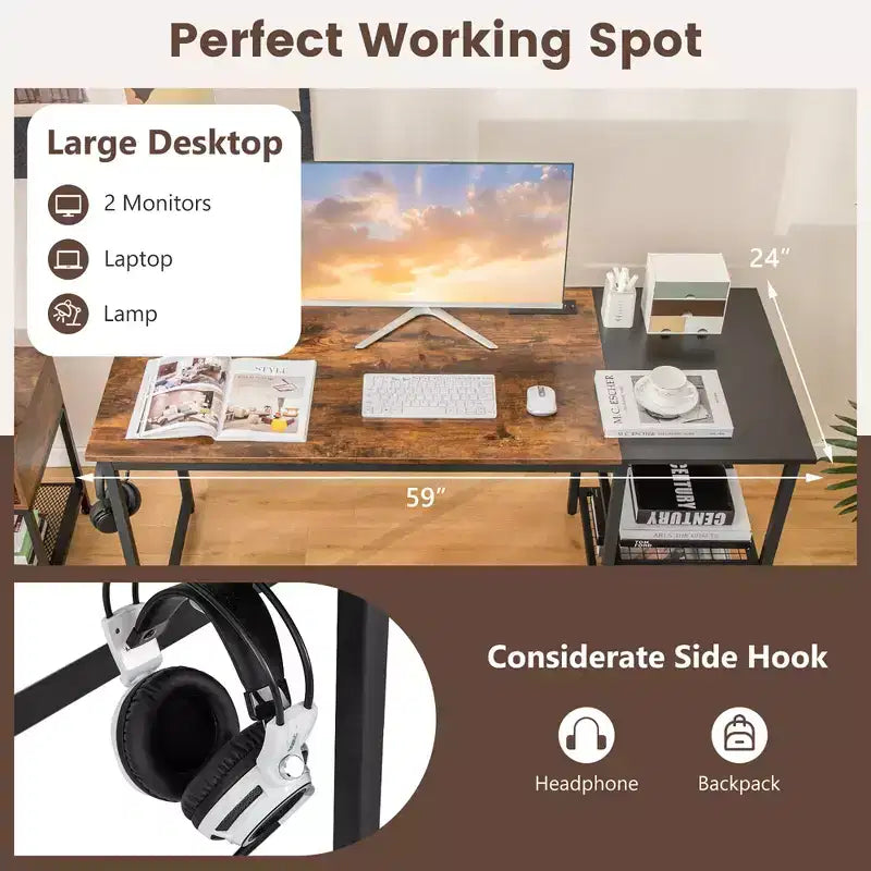 Costway 59'' Home Office Computer Desk Study Laptop Table Detachable Shelf Rustic