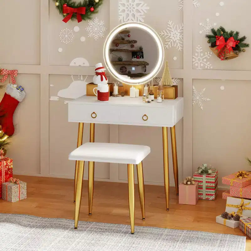 Costway Vanity Makeup Dressing Table Stool Set 3-Color Lighted Mirror with Drawers Gray/White
