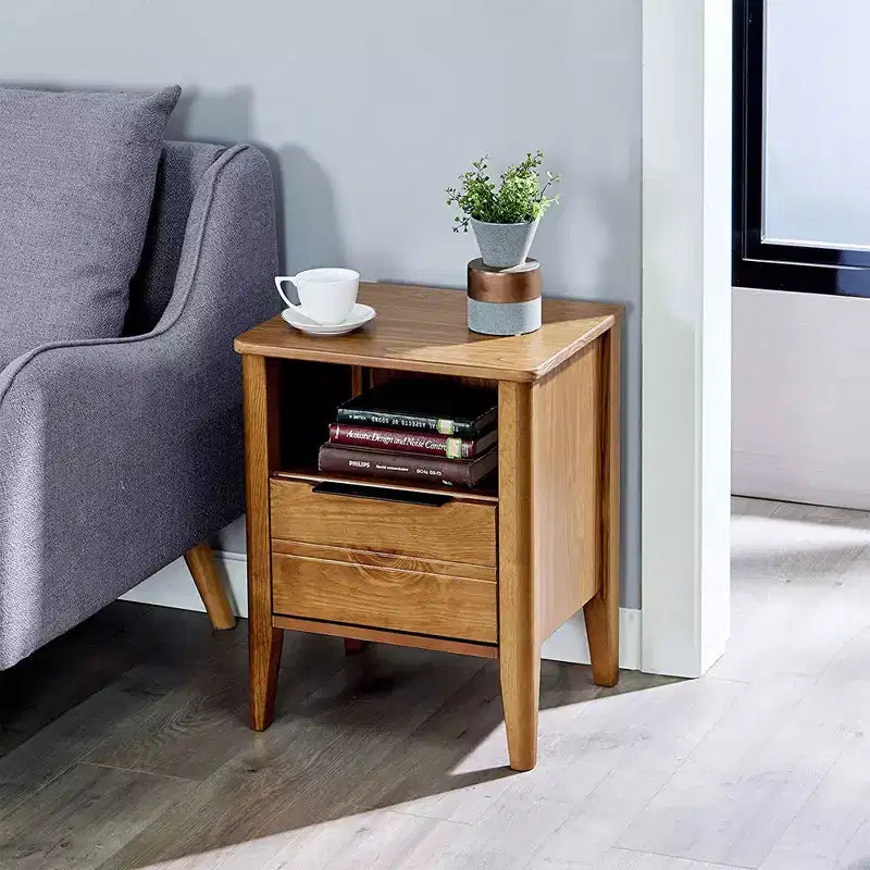 MUSEHOMEINC California Classic 1 Drawer Wooden Bedroom Nightstand Living Room End Table with Open Cabinet and Tapered Legs, Honey Brown