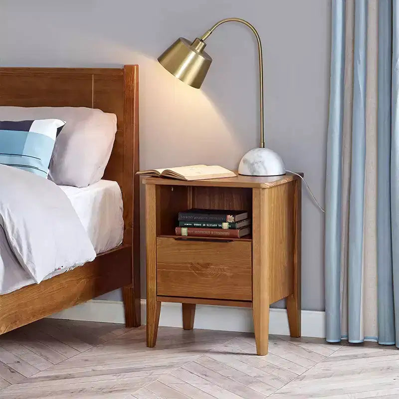 MUSEHOMEINC California Classic 1 Drawer Wooden Bedroom Nightstand Living Room End Table with Open Cabinet and Tapered Legs, Honey Brown