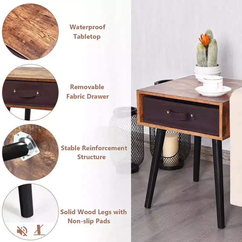 Costway Set of 2 Mid-Century Nightstand End Accent Bedside Table W/ Drawer Rustic White\Brown
